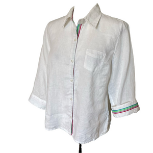 Deane & White 100% Linen Button Front Shirt Colourful Rainbow Trim 3/4 Sleeve